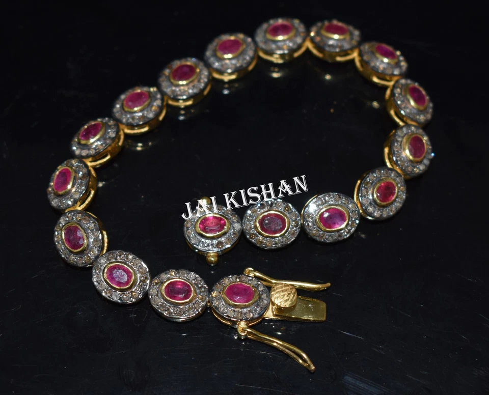 Pave Diamond Ruby Gemstone 925 Sterling Silver Statement Bracelet Jewelry - Image 1 of 4