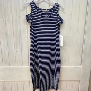 NWT Athleta Cold Shoulder Striped Navy And Gray Dress Size Small - Picture 1 of 8