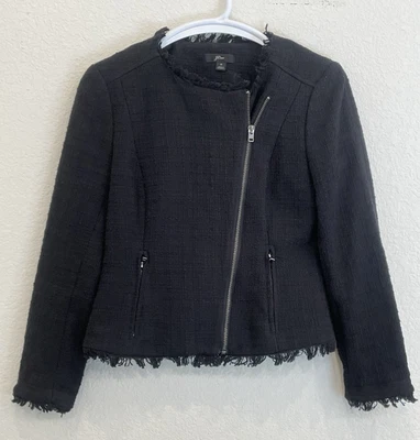J.Crew Black Blazer Jacket With Fringe Size 0 Career Office Motorcycle Zip Up - Image 1 of 4