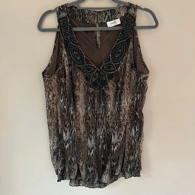 Wallis Brown Black Beaded Animal Print Blouse Size L Sleeveless Top - Image 1 of 4