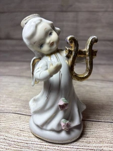 Vtg Porcelain Christmas Angel Figurine Harp Japan 5” Pink Roses - Picture 1 of 8