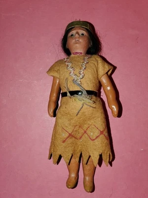Antique German 20/0 Bisque Head Doll 7.5" Open Mouth Indigenous Native American - Image 1 of 4