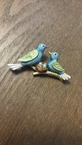 Rare JJ Bluebird Pin Brooch Vintage Signed Flowers Green Leaves 2.25 Inches - Picture 1 of 9