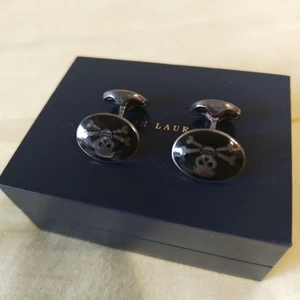 Ralph Lauren Silver Skull Oval Cufflinks Enamel Black Used - Picture 1 of 8