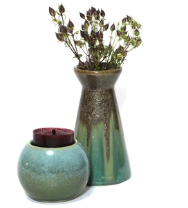 Turquoise Blue Ceramic Tea Light Candle Holder & Flared Vase Set 2 - Picture 1 of 7