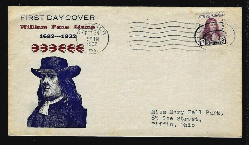 724 3c Stamp (1932) THE COLONIAL WILLIAM PENN FDC - JOHN GILL - PLANTY 724 - 24g - Image 1 of 1