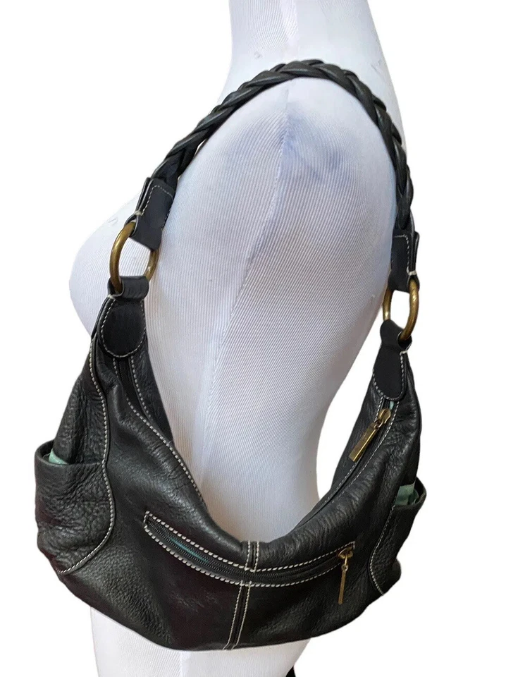 Vtg Y2k Clarks Leather Hobo Purse Pebbled Handbag Black Sling Woven Braided Bag - Image 1 of 4