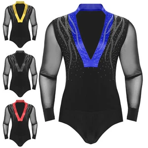 Men's Latin Dance Leotard Mesh V-neck Ballroom Jazz Dance Shirt Costume Bodysuit - Picture 1 of 58