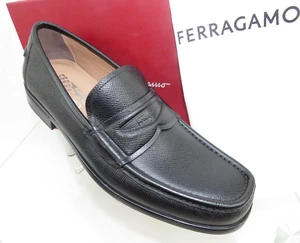 NIB FERRAGAMO LANZAROTE BLACK SAFFIANO PEBBLE LEATHER LOGO PENNY LOAFERS 10.5 EE - Picture 1 of 15
