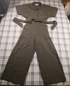 H&M Womens Green Collared Short Sleeve Button Top Wide Leg Romper One piece Sz 2 - Picture 1 of 12