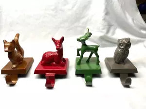 Set of 4 Heavy Metal Decorative Fireplace Mantle Stocking Holders - Owl Deer Fox - Picture 1 of 15