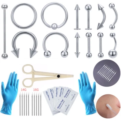 46 peças conjunto de ferramentas de piercing de nariz de orelha de aço inoxidável kit de agulha piercing no corpo - Imagem 1 de 4
