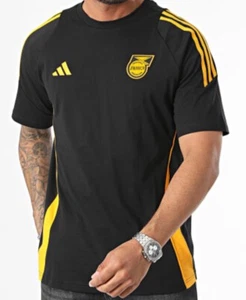 adidas Mens Shirt Jamaica FF Black Yellow 3 Stripe Tee Football Soccer IS5662 - Picture 1 of 4