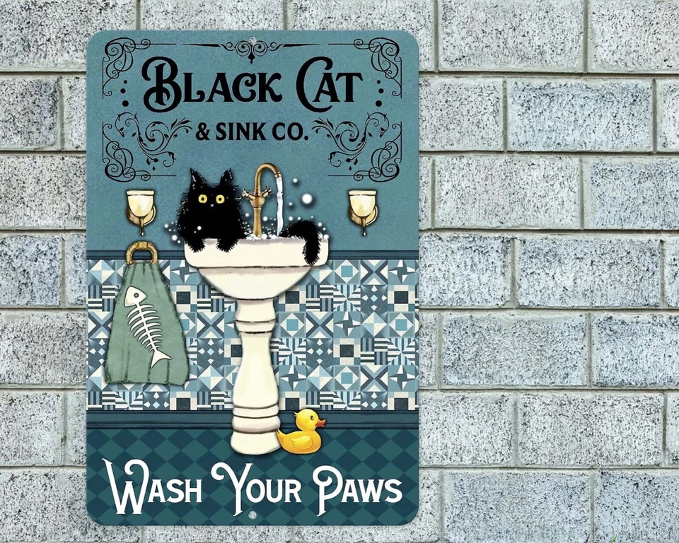 Wash Your Paws Black Cat Sign Aluminum Metal 8"x12" Funny Rustic Bathroom - Image 1 of 1
