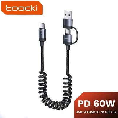 Toocki 2 In 1 60w Super Fast Spring Coiled Charging USB Cable Lead Phone Charger - Image 1 of 4