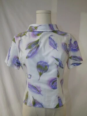 Винтажная женская блузка 50-х 60-х RHODA LEE с перьевым принтом на пуговицах сзади M - Изображение 1 из 4