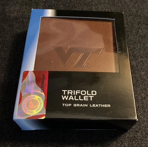 Virginia Tech Hokies Embossed Brown Leather Trifold Wallet New In Box Cover