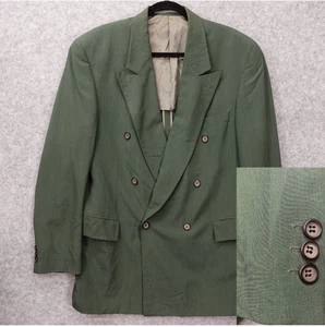 Vintage 80s Double Breasted Blazer Mens 40L M Green Wool Silk Peak Lapel Jacket - Picture 1 of 18