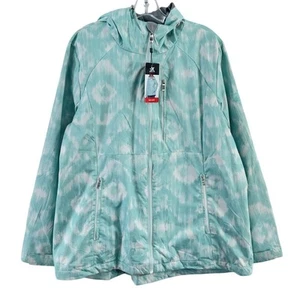 ZeroXposur Women's Plus XL Aqua/White Ikaat Print Hooded Rain Jacket NWT - Picture 1 of 5