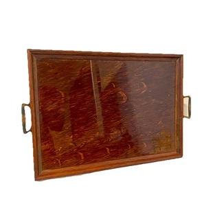 Antique Early 1900’s Wooden Serving Tray Under Glass Copper Handles 13.5x18.5 In - Picture 1 of 7