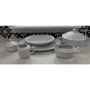 6 Stück Noritake White Scapes Zucker/Sahnekännchen, Sauciere, Platte & Servierschüssel - Bild 1 von 6