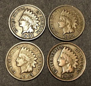 Indian Head Cent Lot of Four Different Dates Liberty Penny Very Good VG - C - Picture 1 of 4