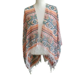 Lightweight Southwestern Print Shrug Cardigan Swim Coverup Fringe Hem One Size - Picture 1 of 9