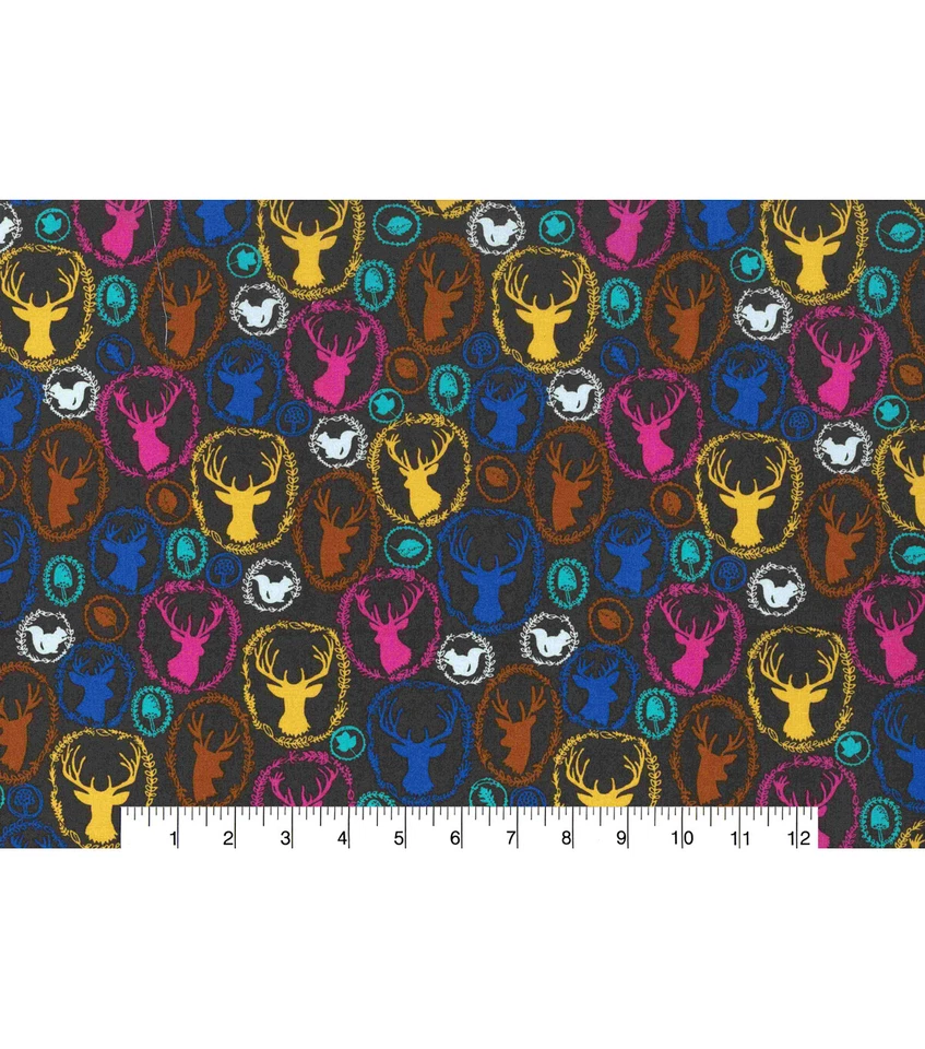 Novelty Cotton Woodland Deer, Squirrel Emblems Bright Fabric 1 yard,  22"  x 43" - Image 1 of 1