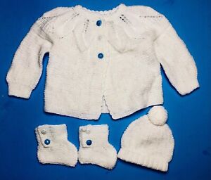 New Baby hand-knitted cozy 3-pc gift set Sweater, Booties & Hat Cardigan 6-12M