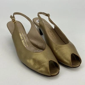Bruno Magli Womens Gold Peep Toe Block Heel Slingback Sandal Size 7.5 AAAA -A13 - Picture 1 of 9