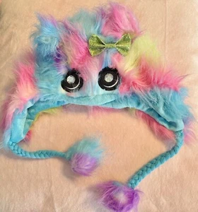Justice Girl's MONSTER Faux Fur Multicolor Hat Cap Beanie Tassles Rainbow EUC! - Picture 1 of 4