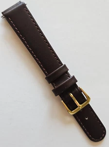 16mm - Dark Brown Glossy / Smooth Leather Watch Band - ( Gold Buckle / w Pins) - Picture 1 of 3
