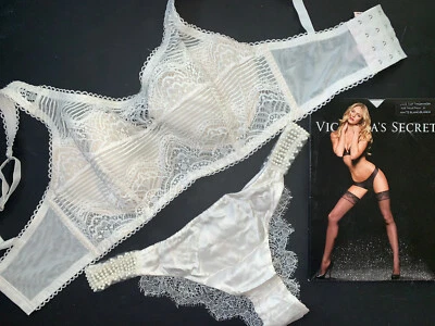 全新带标签 Victoria's Secret 32DD BRA 套装 + S 真丝串珠内裤椰子白色蕾丝新娘 — 第 1/4 张图片