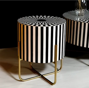 Bone Inlay Strip pattern Table Modern Round Side, Black and White Striped Gold - Picture 1 of 2