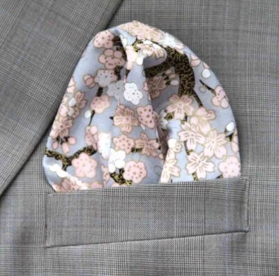 Gascoigne Hand Stitched Pocket Square Kimono Fabric Cotton Metallic Floral Men's - Image 1 of 3