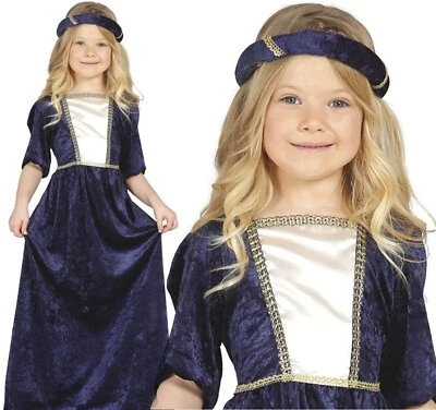 Girls Kids Childrens Blue Tudor Medieval Princess Fancy Dress Costume 3-12 - Image 1 of 4