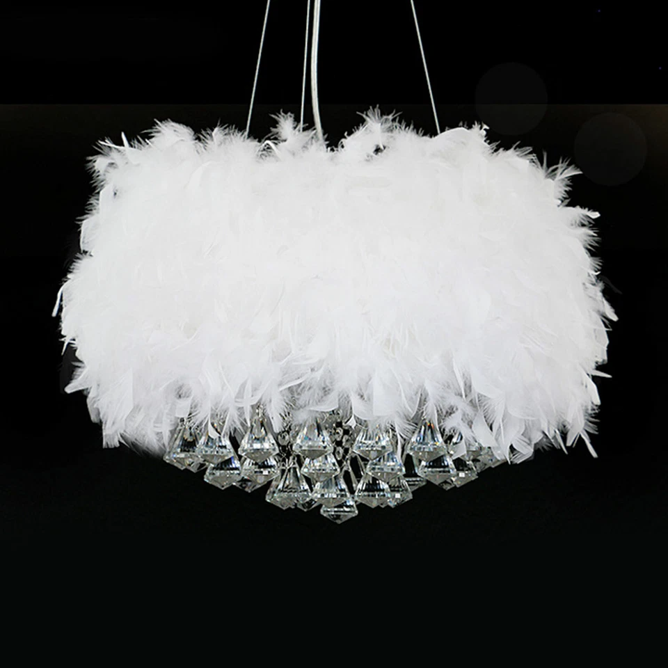 White Modern Feather Light Shade Crystal Ceiling Light Pendant Lighting Fixture