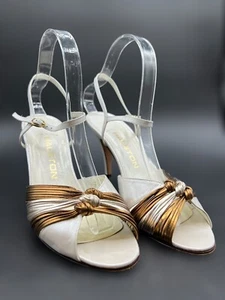 RARE Vintage 1970’s Halston Made In Italy White & Metallic Heel Sandals Size 8.5 - Picture 1 of 15