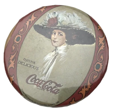 Vtg Coca Cola Antique Style Pin Button Victorian Lady USA 1977 Reproduction - Image 1 of 4