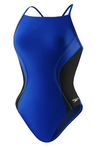 SPEEDO Revolve Splice Energy Back Sapphire Blue Blac Swim Suit Youth Girls 12 28 - Picture 1 of 2