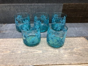 1960s Libbey Style Glass Juice Lowball Embossed Teal Daisy Floral 2A - Picture 1 of 5
