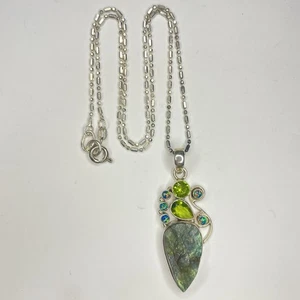 VTG 925 Sterling Silver Labradorite Peridot Opal Stone Necklace 16.7g 18” - Picture 1 of 4