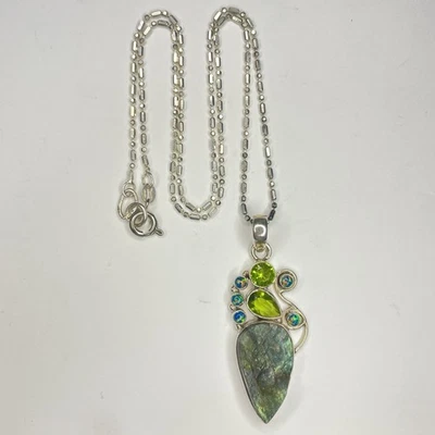 VTG 925 Sterling Silver Labradorite Peridot Opal Stone Necklace 16.7g 18” - Image 1 of 4