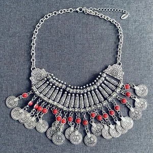 Mango Boho Statement Necklace Silver Tone Red Beads Coins Tribal Gypsy Collar - Picture 1 of 13