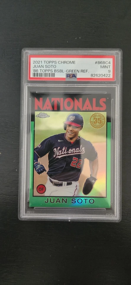2021 Topps Chrome Juan Soto 1986 Green Refractor 14/99 PSA 9 SP Nationals - Image 1 of 2