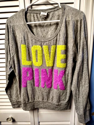 Victoria's Secret PINK Long Sleeve Shirt Heather Grey Lime & Pink Sequins SZ M - Image 1 of 3