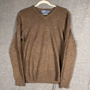 Vintage Polo Ralph Lauren 100% Lambs Wool Sweater V-Neck Brown Mens S Italian - Picture 1 of 8