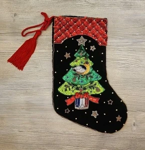 Velvet Christmas Stocking with Sequins Beads Christmas Tree Ornaments Bird Stars - Picture 1 of 9