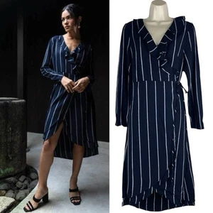 Rails Priya Metallic Striped Wrap Dress Knee Length Blue Black Women Size S - Picture 1 of 12