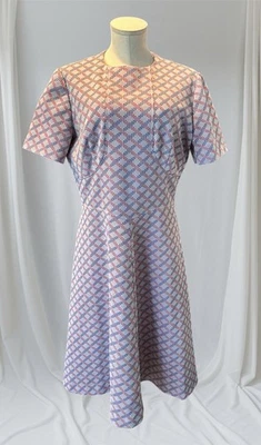 Mod Print Hand Made L Polyester Dress 1960’s Blue Red White Plaid Vtg - Image 1 of 4